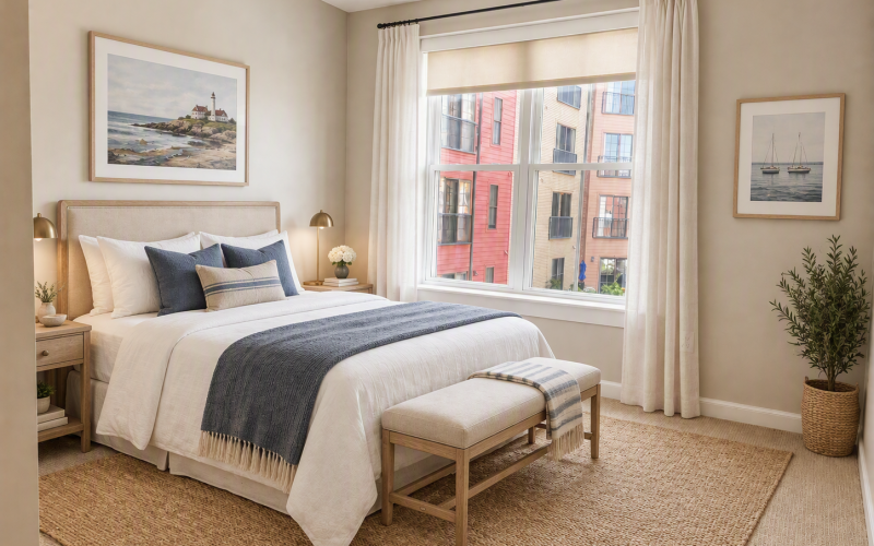 bedroom interior with spacious surroundings and accent decoration