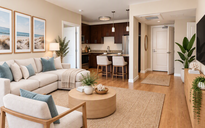 large living room with modern furniture and natural light